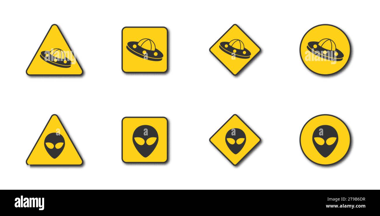Gefahrenwarnset UFO. Warnschilder für Außerirdische. Illustration des flachen Vektors. Stock Vektor