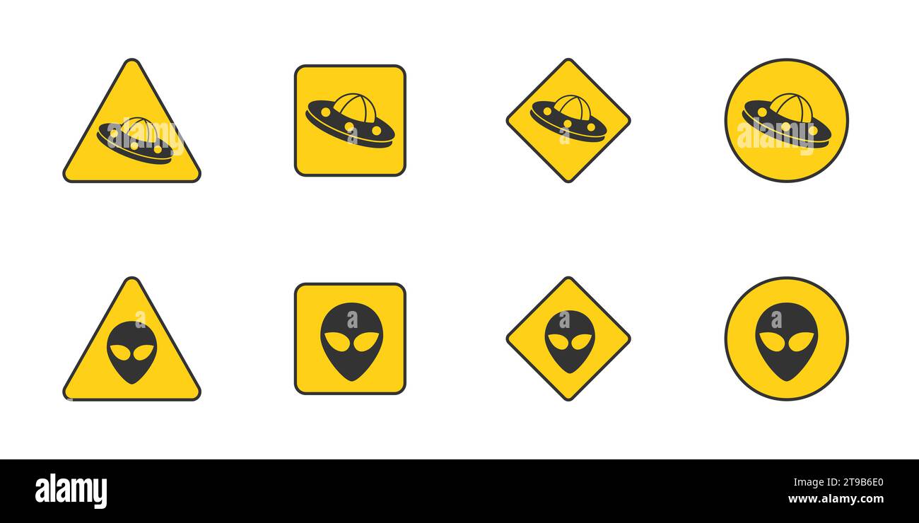 Gefahrenwarnset UFO. Warnschilder für Außerirdische. Illustration des flachen Vektors. Stock Vektor