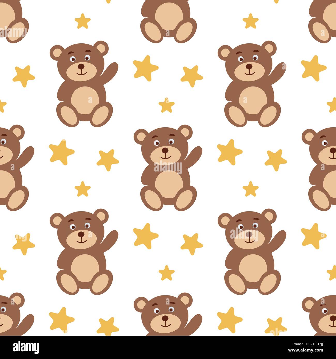 Teddybär winkt mit seinem nahtlosen Pfotenmuster. Niedlicher Hintergrund mit Spielzeugbären und Sternen. Babydruck für Textilien, Kleidung, Stoff, Tapeten, Verpackungen Stock Vektor