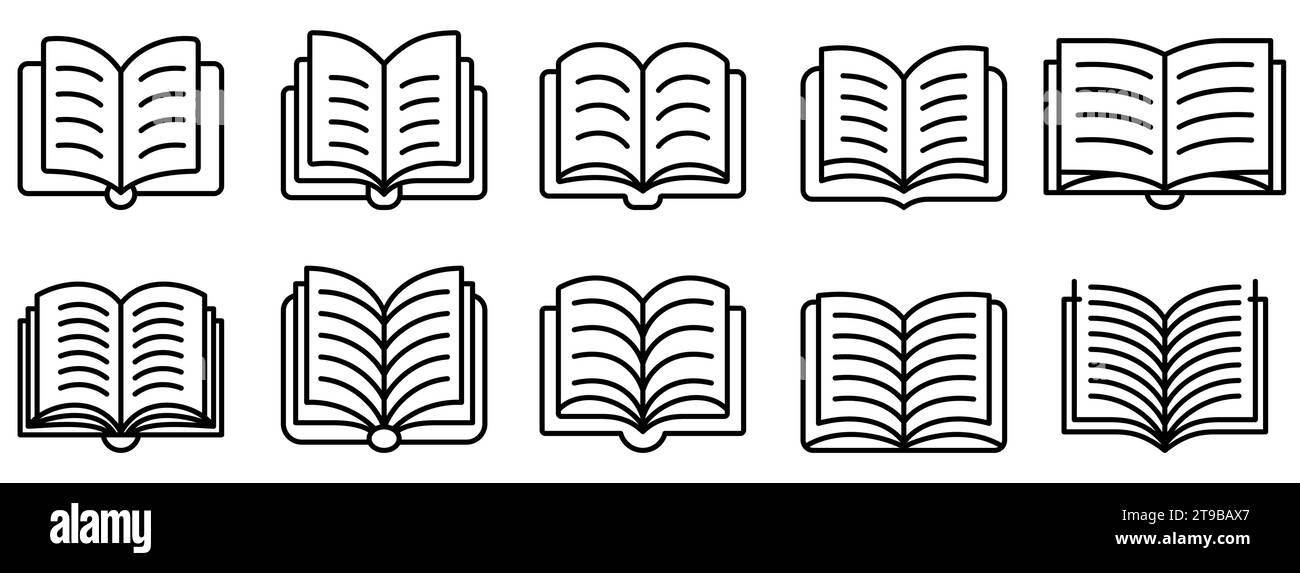 Symbol „Buch öffnen“. Satz von Buchsymbolen im Linienstil. Schwarze Umrisse verschiedener Buchdesigns auf weißem Hintergrund. Vektorabbildung Stock Vektor