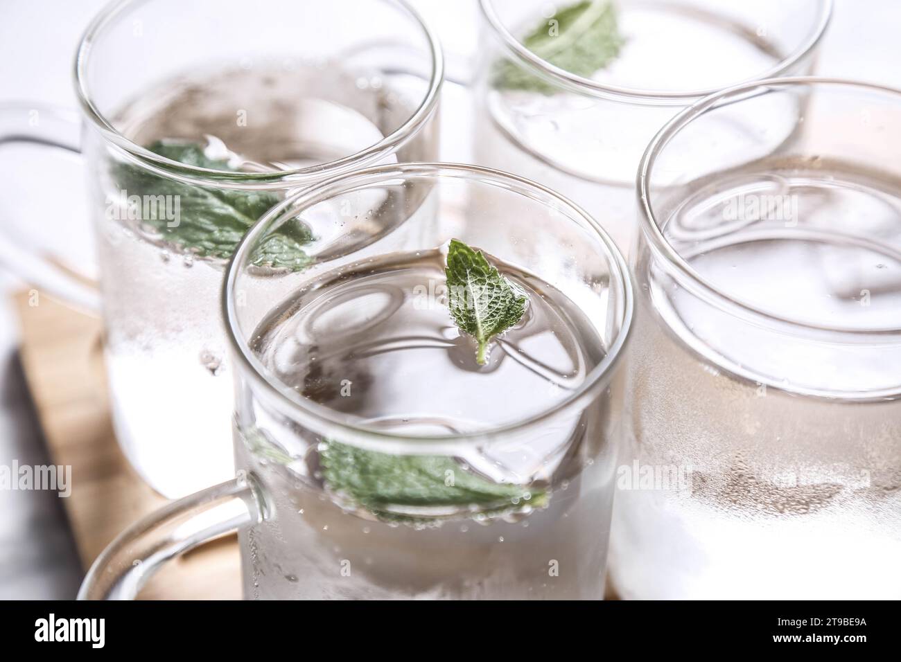 Gefiltertes Wasser mit Minzblättern, ein einfaches Körperentgiftungswasser, das zu Hause zubereitet werden kann Stockfoto