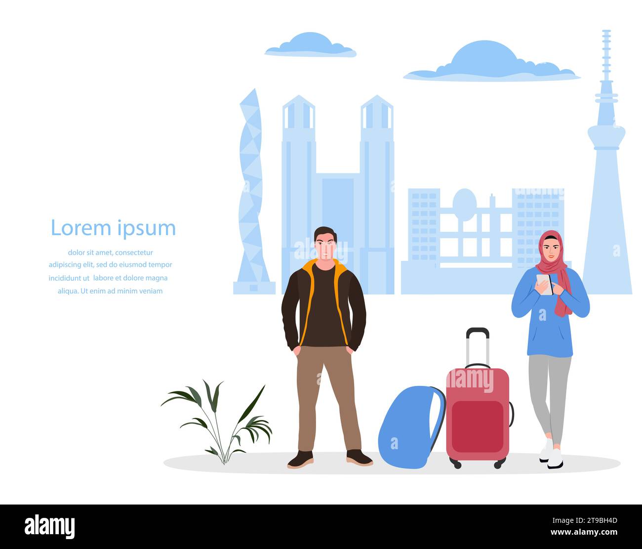 Vektor-Illustration Mann, muslimische Frau mit Rucksack, Koffer benutzen Handy. Touristen. Die Leute machen Fotos, Selfies. Japan Asien Sommerurlaub Reise Stock Vektor