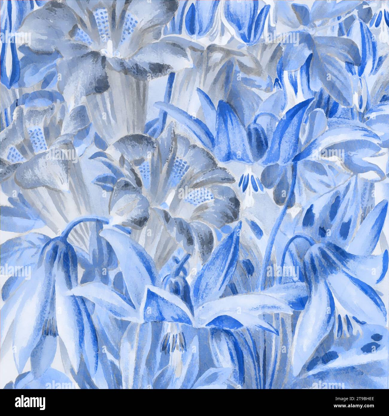 Blaue quadratische Blumenkunst, digital erstellt, mit einem schönen strukturierten Hintergrund. Perfekt, um Ihren Projekten einen Hauch von Kreativität zu verleihen! Stockfoto