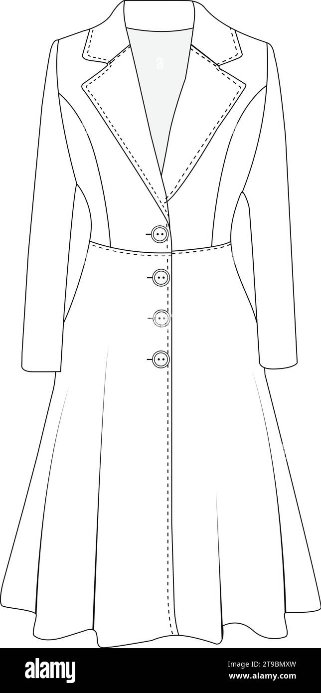 Frauen zweireihiger Trenchcoat Vektor-Design, Frauen langer Mantel, Vektor-Illustration, flache technische Zeichnung. Stock Vektor