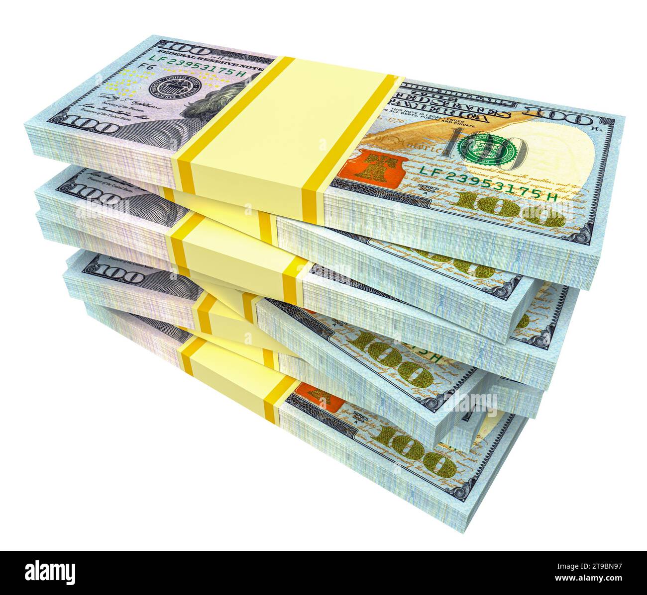 Geldstapel von Dollar isoliert auf weißem Hintergrund. Finanzierungskonzept für Dollar Stockfoto