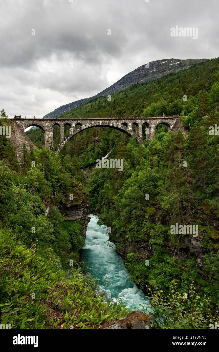 Blick auf die Bogenbrücke über das Tal mit dem fließenden Fluss Stockfoto