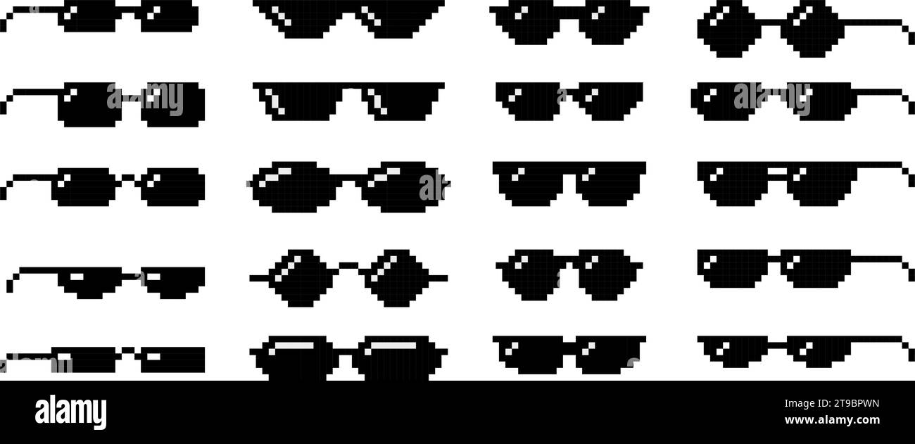 Schwarze Brille Pixel Art Symbole. Boss Sonnenbrillen, 8-Bit-Brillen und Sommerbrillen Formen Vektorset Stock Vektor
