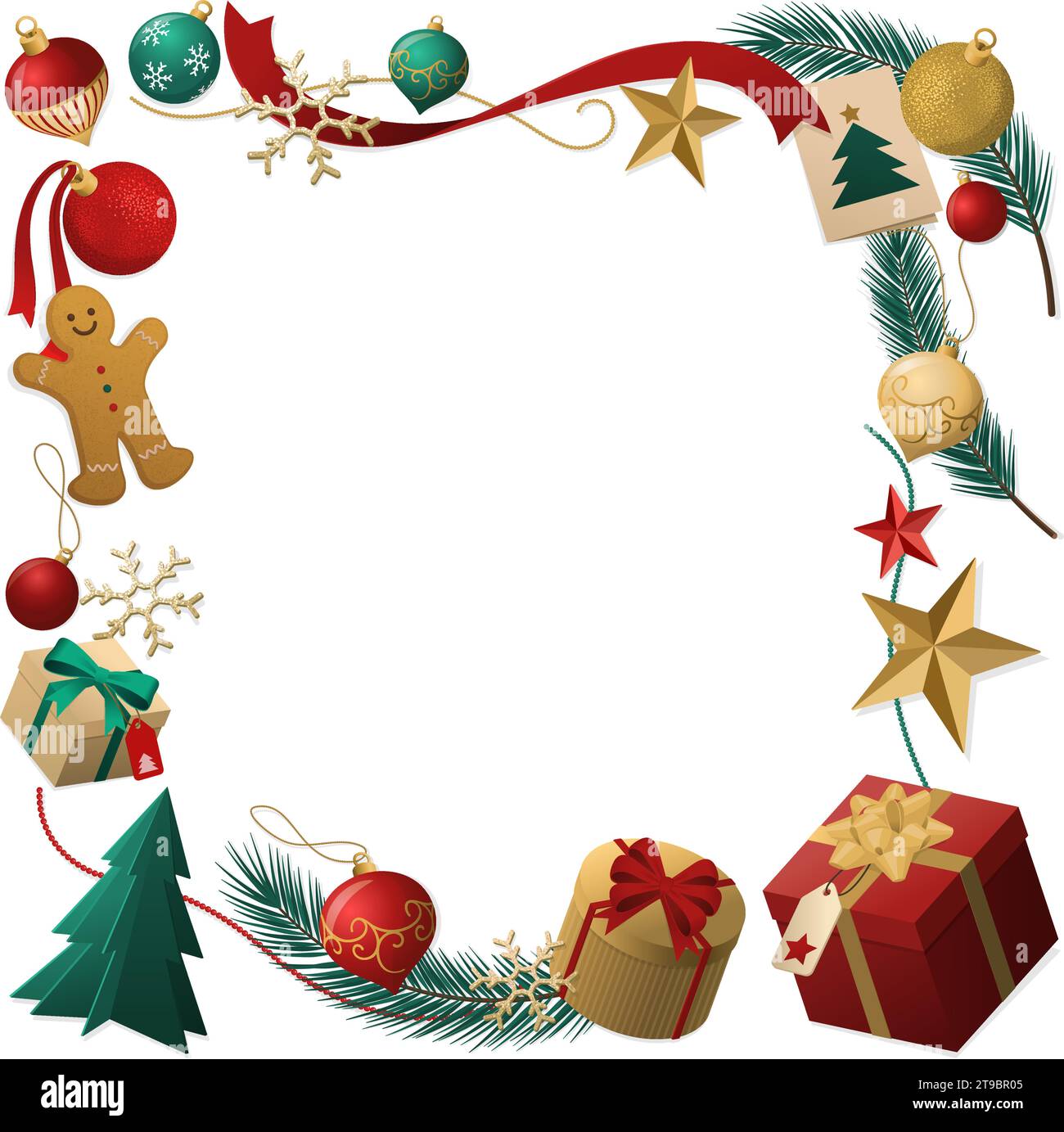 Weihnachtskarte mit Rahmen aus Ornamenten und Geschenken, leerer Kopierraum Stock Vektor