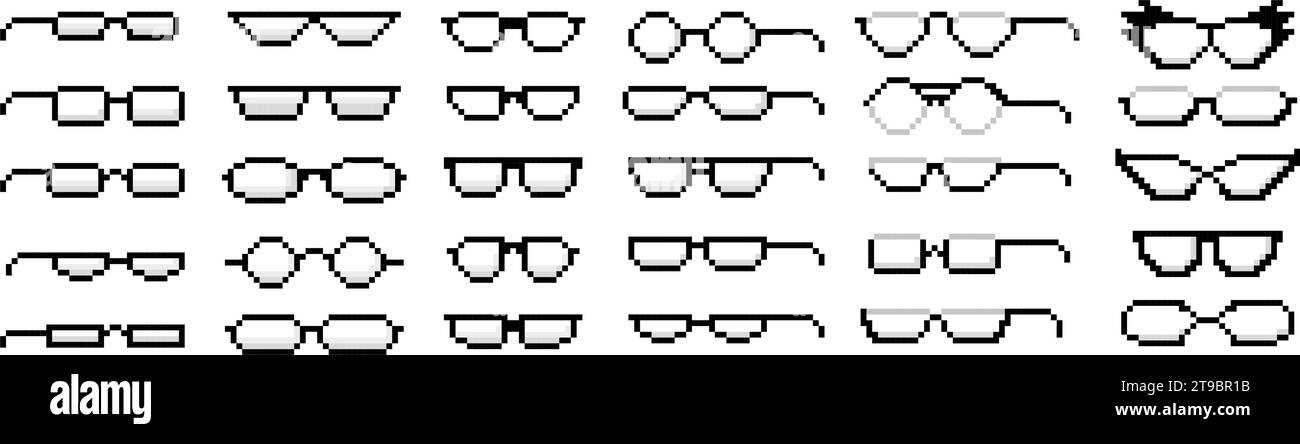 Pixel Art Transparent Brille. Nerd Brillen pixeliert Ikonen, Brillenrand Stile und Formen Vektor Set Stock Vektor