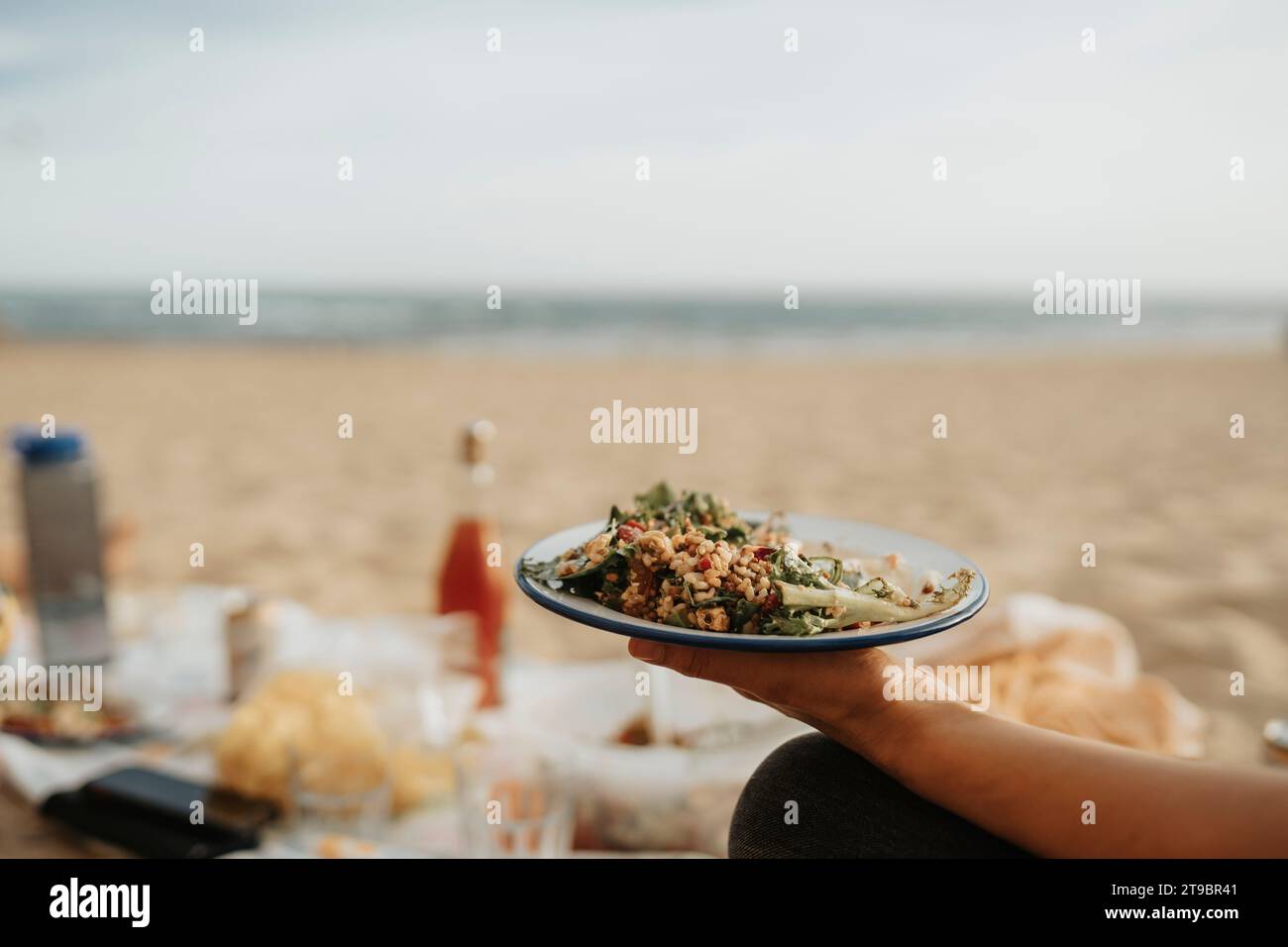 Person mit Teller und Mahlzeit am Strand Stockfoto