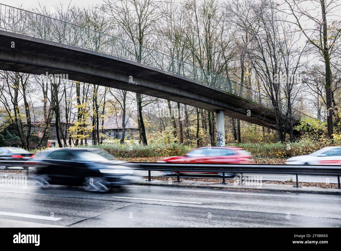 München, Deutschland. November 2023. Der Verkehr fließt unter einer Fußgängerbrücke auf dem Mittleren Ring in der Nähe des Englischen Gartens. Ein Mann wird unter der Brücke verbrannt - die Polizei schloss zunächst einen Mord nicht aus. Quelle: Matthias Balk/dpa/Alamy Live News Stockfoto