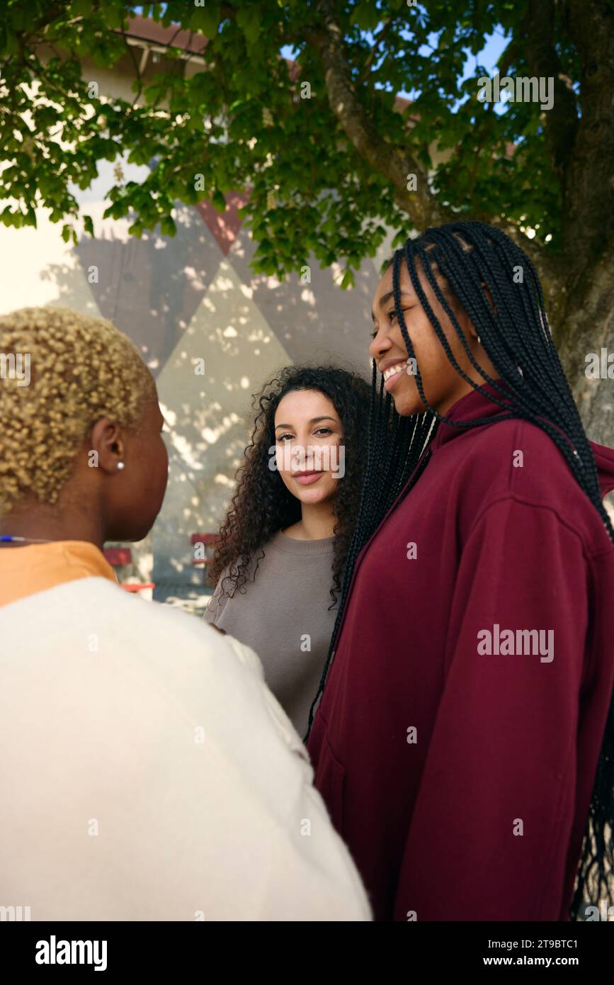 Porträt einer Frau, die mit lächelnden Freunden steht Stockfoto