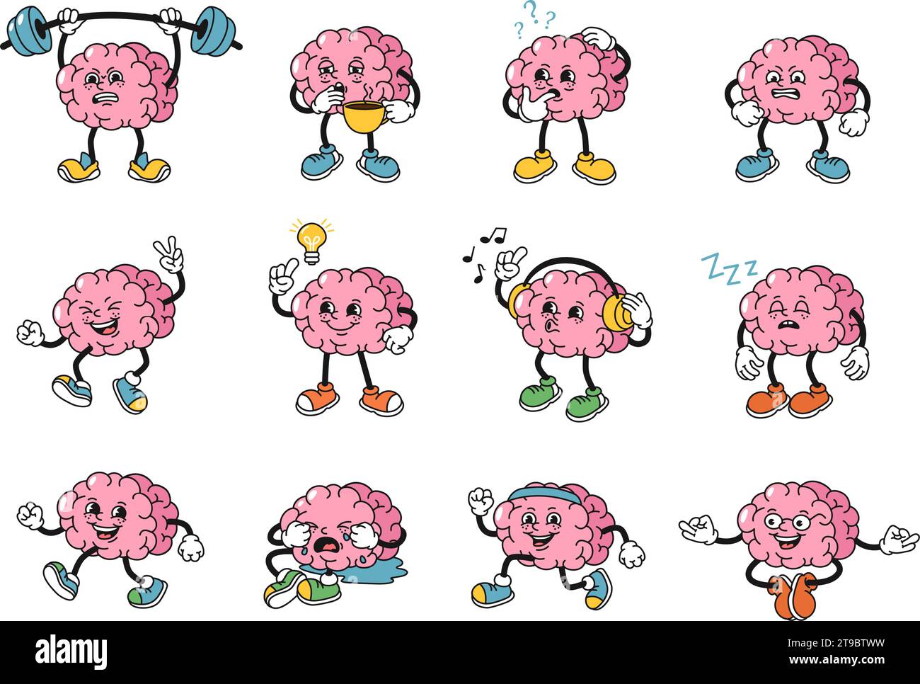 Comic Human Brains Maskottchen. Starkes Gedächtnis Gehirn Charakter hat Idee, Geist Fragen und tun gesunde Sport Übungen 1930s Gummi Schlauch Stil Vektor Stock Vektor