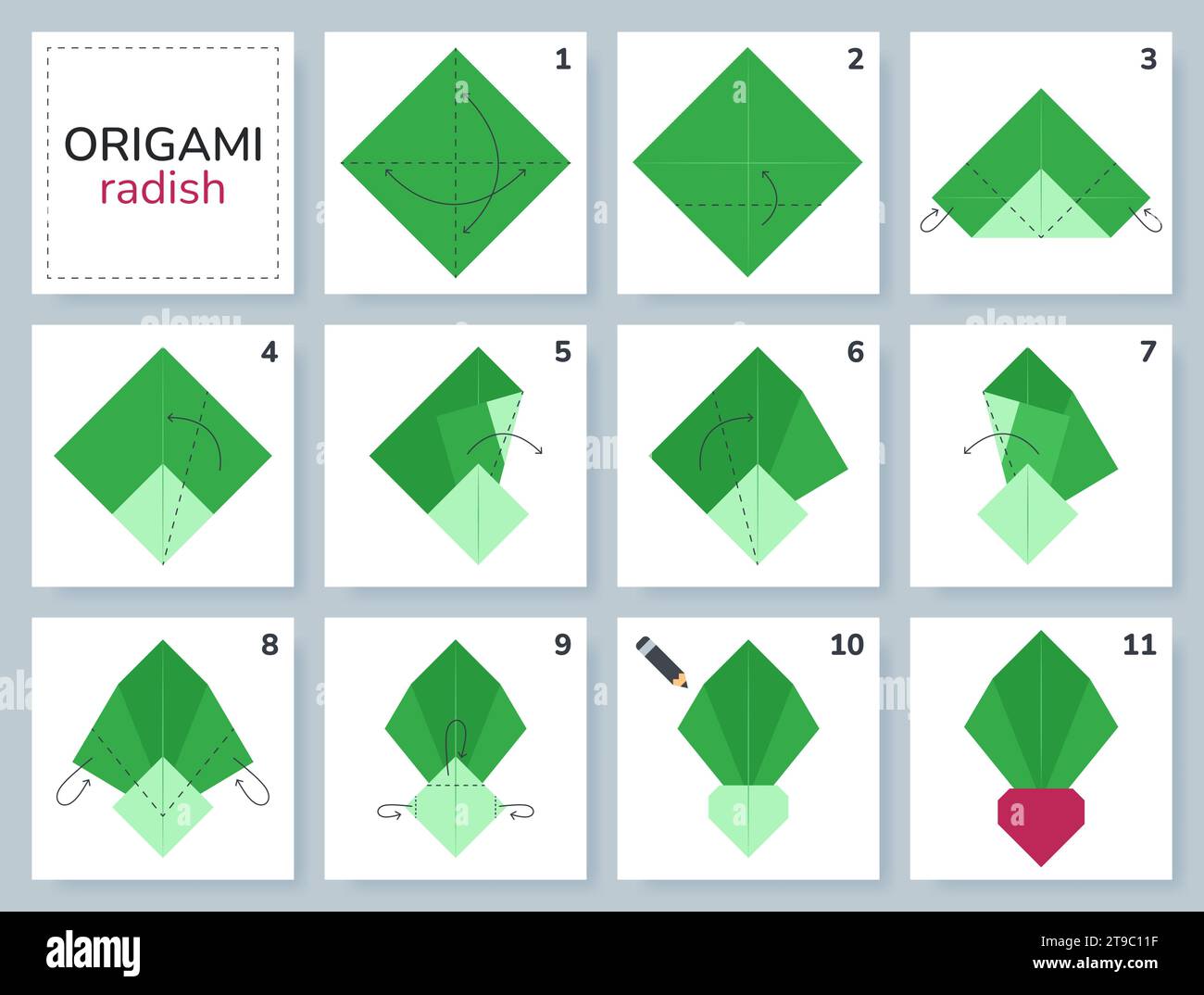 Origami-Tutorial für Kinder. Origami süßer Rettich. Stock Vektor