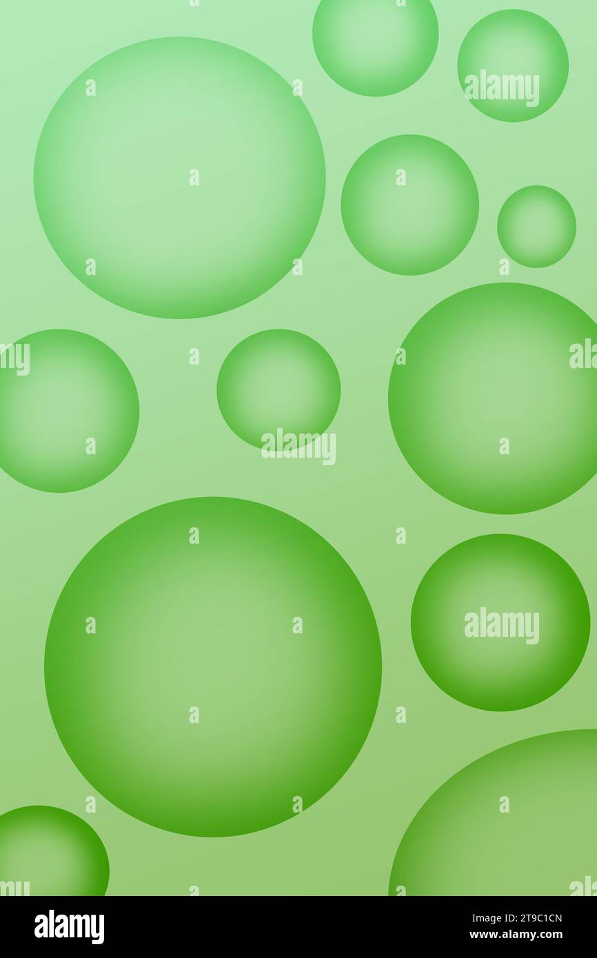 Abbildung: Farbverlauf Grün 3D-Kugeln verschiedener Größe Stockfoto