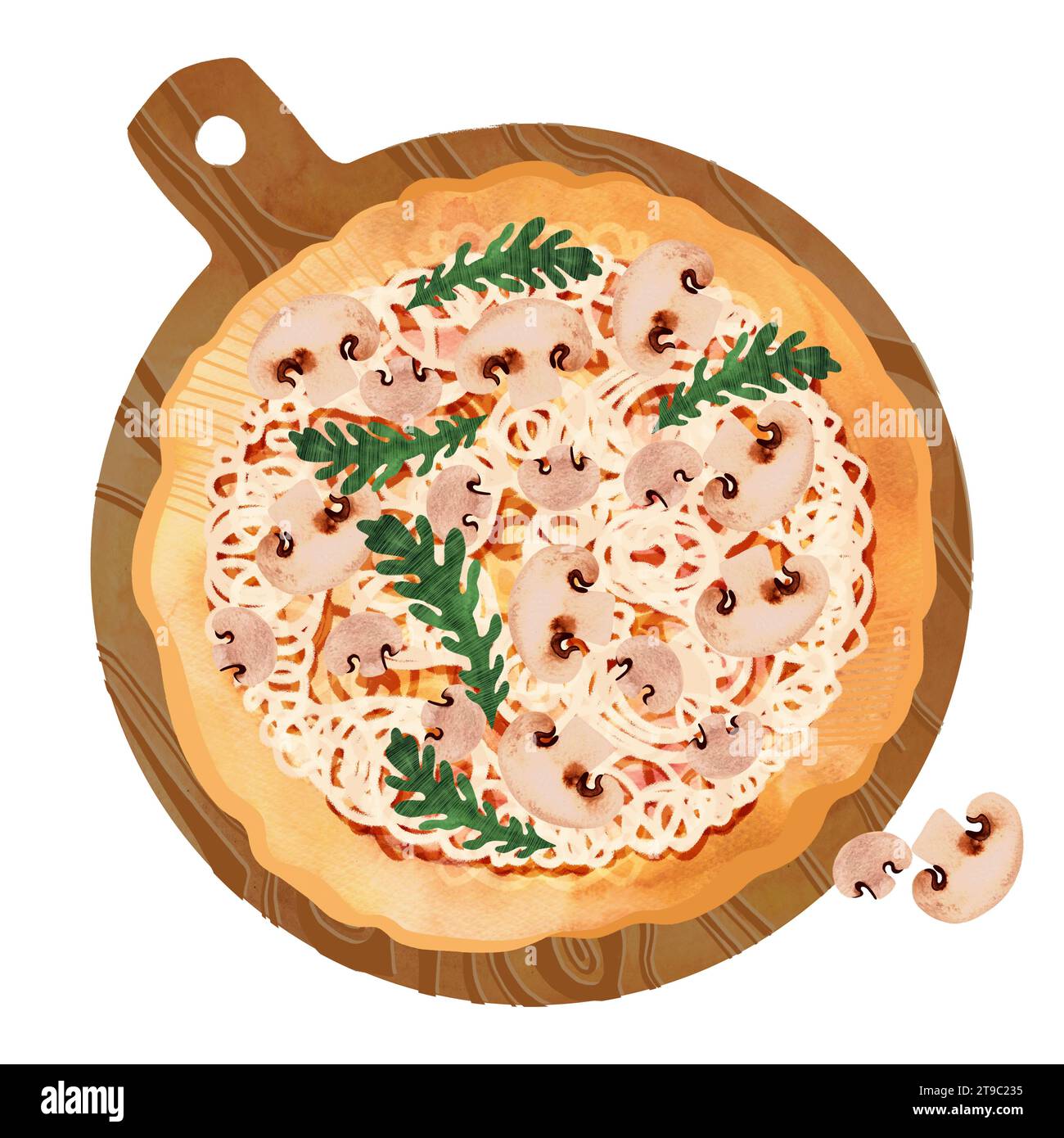 Pizza mit Champignons und Rucola auf dickem Teig auf einem runden hölzernen Servierbrett. Isolierte Aquarellabbildung auf weißem Hintergrund für Menüs und Stockfoto