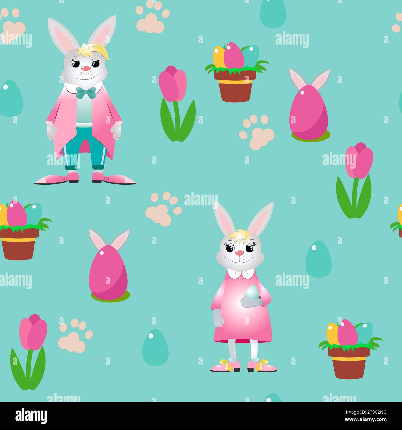 Osterkaninchen mit nahtlosem Muster in Kleidung und ein dekoratives Ei mit Ohren und einem dekorativen Topf Tulpe und Kaninchen Fußabdruck auf türkisfarbenem Hintergrund. Stock Vektor