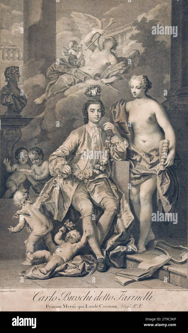 Kardinal Farinelli mit Allegorischen Figuren, eigentlich Carlo Maria Michelangelo Nicola Broschi (24. Januar 1705 in Andria/Königreich Neapel bis 16). September 1782 in Bologna) war ein italienischer Sänger und der bis heute wohl der Berühmteste aller Kastraten, Historisch, digital restaurierte Reproduktion von einer Vorlage aus dem 19. Jahrhundert / Kardinal Farinelli mit allegorischen Figuren, eigentlich Carlo Maria Michelangelo Nicola Broschi (* 24. Januar 1705 in Andria/Königreich Neapel - 16. September 1782 in Bologna) war ein italienischer Sänger und wahrscheinlich der berühmteste aller Kastraten Stockfoto