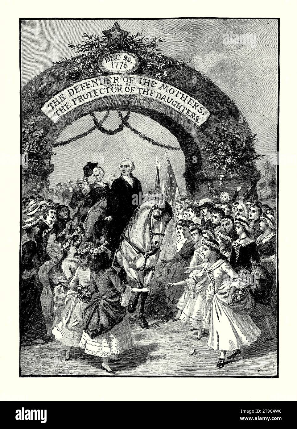 Eine alte Gravur von George Washingtons Eingang durch den Triumphbogen, die von den Bürgern in Trenton, New Jersey, USA, am 21. April 1789 errichtet wurde. Es stammt aus einem amerikanischen Geschichtsbuch aus dem Jahr 1895. Am 14. April erfuhr Washington, dass er zum ersten Präsidenten der Vereinigten Staaten gewählt wurde. Zwei Tage später verließ er sein Haus in Mount Vernon auf dem Weg nach New York City zur Einweihung. Auf dem Weg reiste er durch viele Städte und Städte, wo er mit ähnlichen Feiern gefeiert wurde. Stockfoto