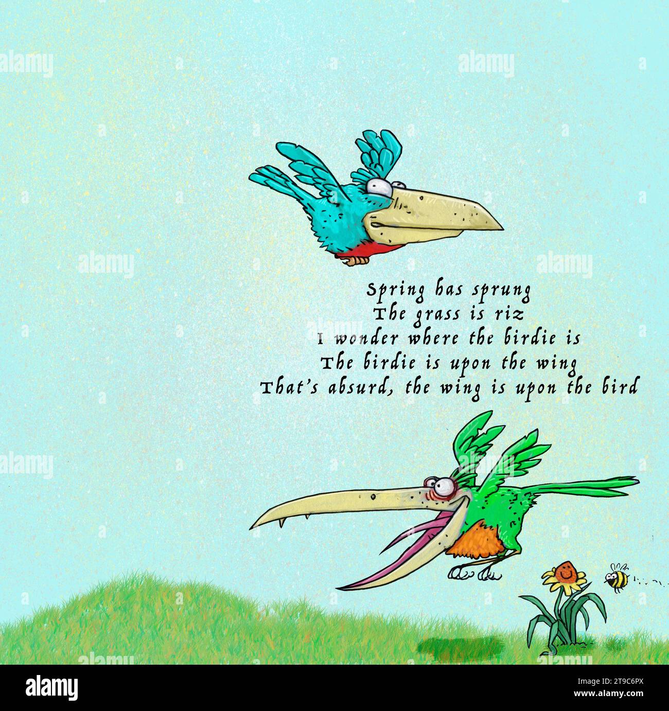 Kunst, Two Birds Fliegen plus Texte zu berühmtem Liedgedicht, anonyme Versionen von E. E. Cummings, Ogden Nash und bekannt in Großbritannien von Spike Milligan. Stockfoto