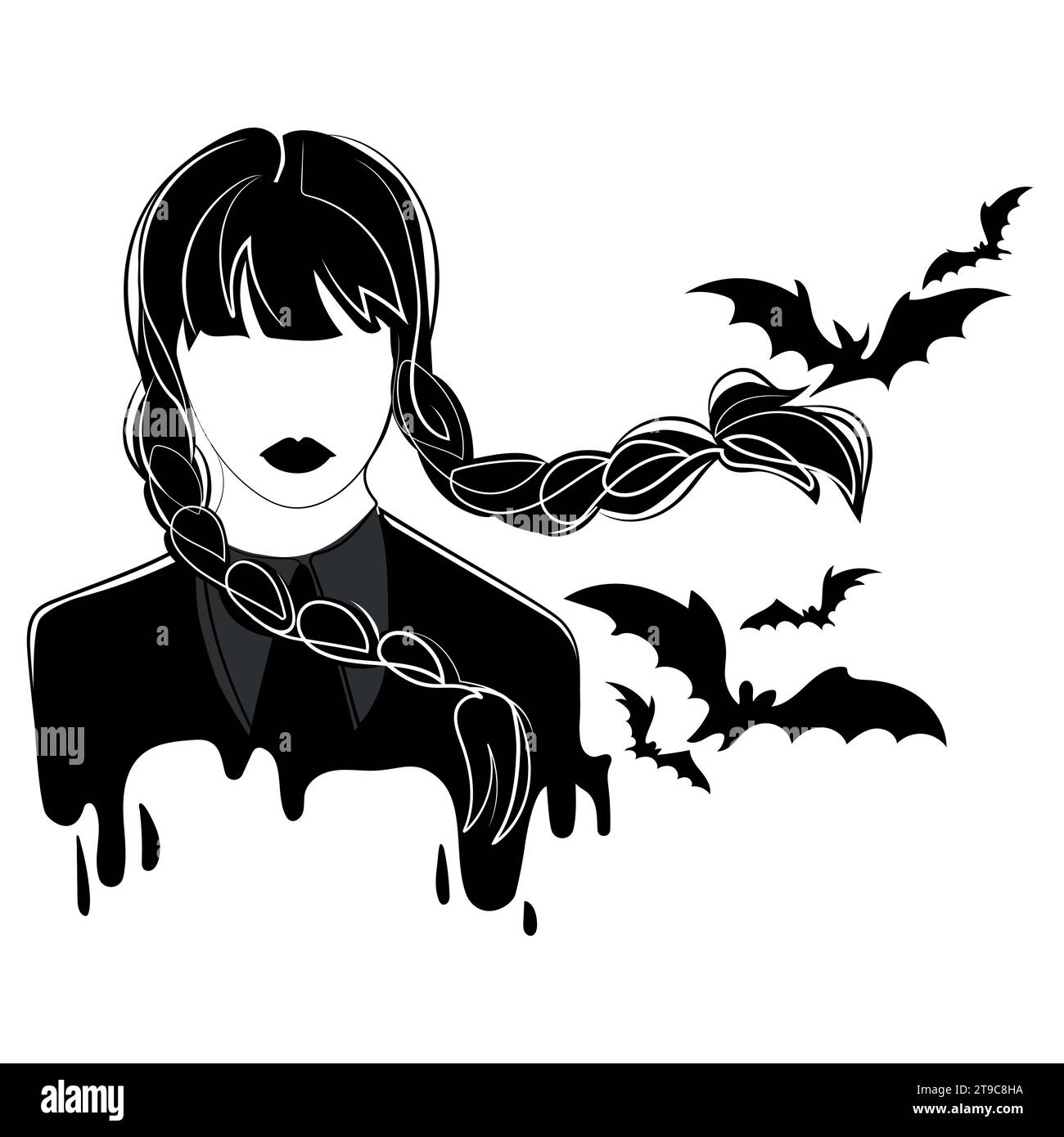 Gruselige Gothic Mädchen mit Zöpfen und Fledermäusen für Halloween Feiertagskonzept. Schwarz und weiß Zeichnung Vektor Illustration. Halloween Charakter Mädchen mit Flecht Stock Vektor