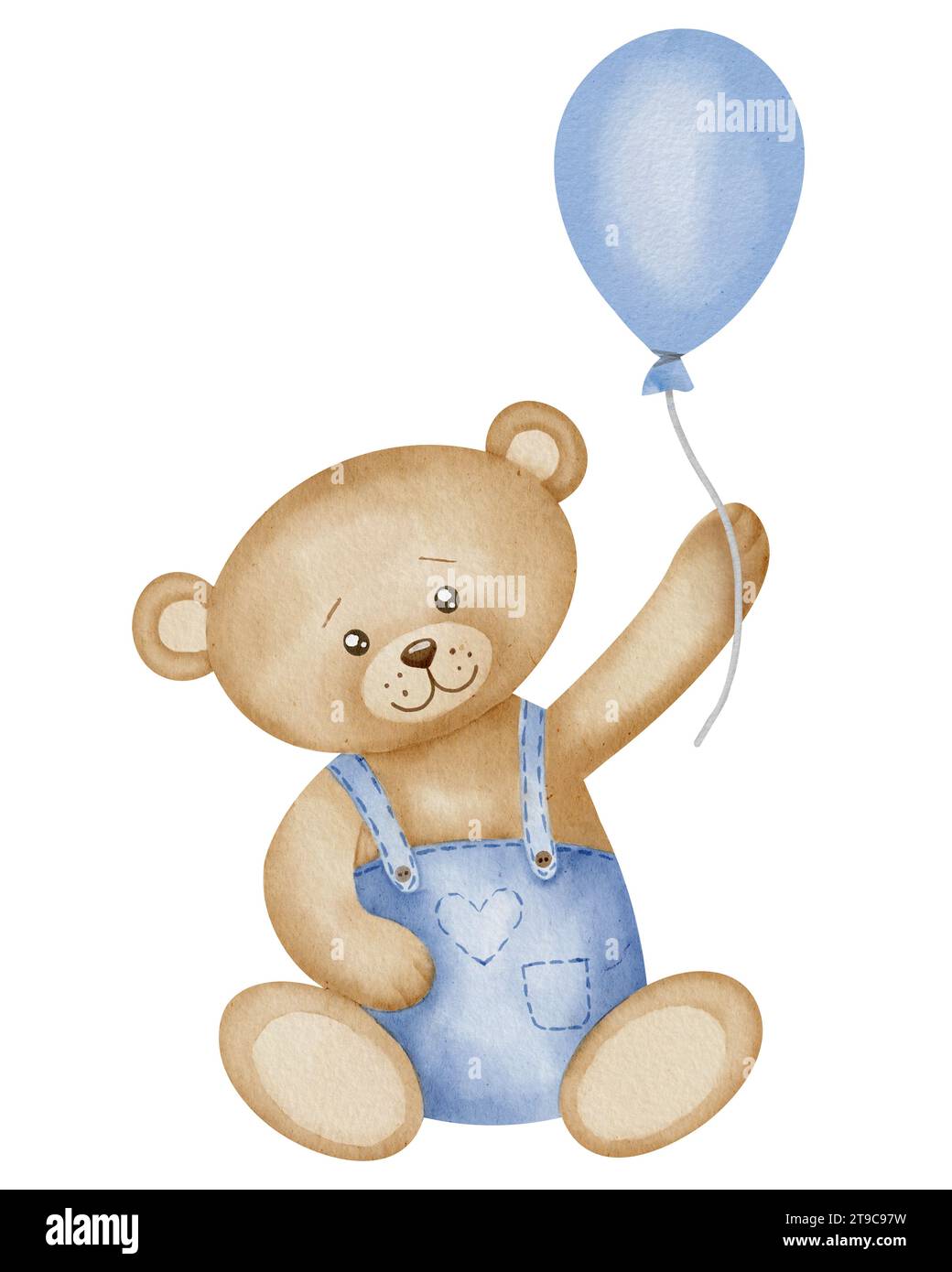 Teddybär mit Ballon-Aquarellillustration. Handgezeichnete Skizze eines kleinen niedlichen Tieres in pastellbraunen und blauen Farben für Babyduscheinladungen oder Geburtstagsgrußkarten. Kindliche Zeichnung. Stockfoto