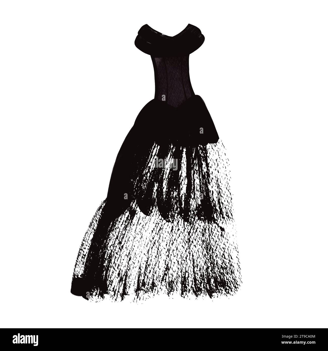 Schwarzes Abendkleid für Damen im Gothic-Stil mit durchgehendem Tüllrock. Isolierte Aquarellillustration auf weißem Hintergrund Stockfoto