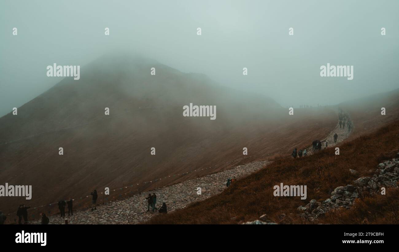 Die Berge sind geheimnisvoll: Ein majestätischer Gipfel steht still und erhaben, verziert in einer weichen Umarmung von ätherischem Nebel, der zur Nachsicht einlädt und beschwört Stockfoto