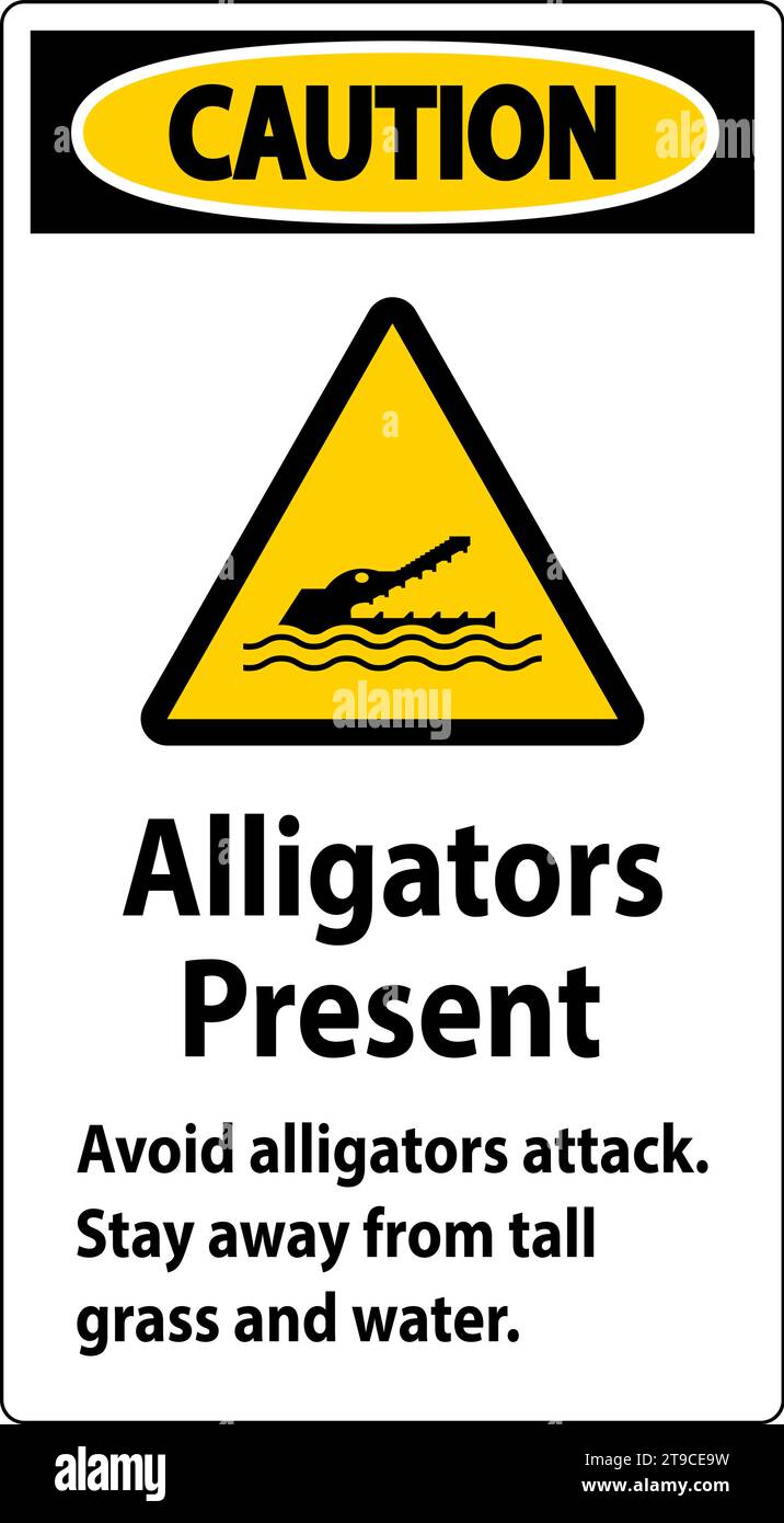 Warnschild Alligator, Gefahr - Alligatoren Sind Vorhanden Vermeiden Sie Angriffe, Halten Sie Sich Von Großem Gras Und Wasser Fern Stock Vektor