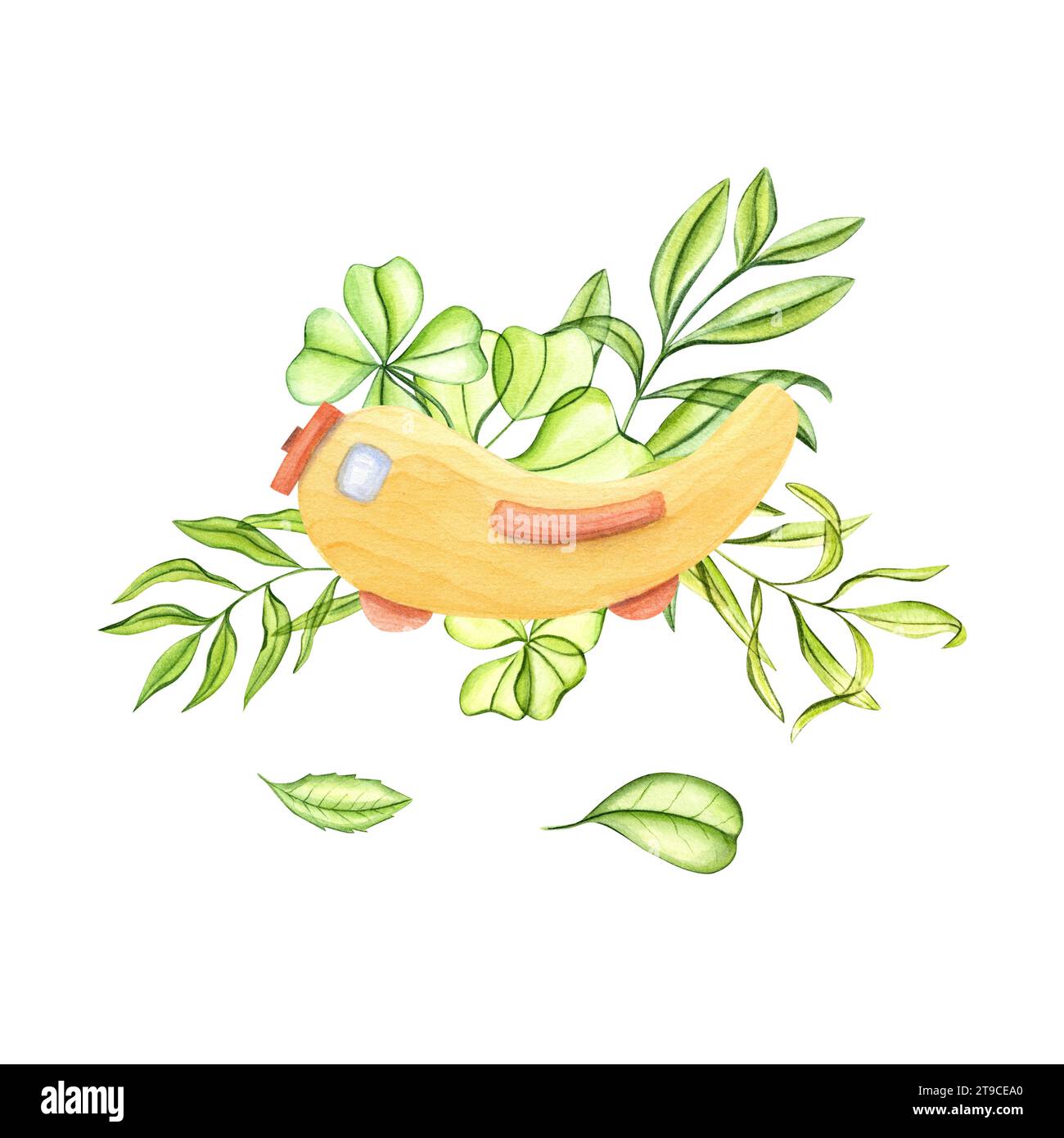Gelbes Spielzeugflugzeug auf dem Hintergrund zarter grüner Blätter. Holzspielzeug. Propeller. Klee, Teeblatt, abstrakte Pflanze, Blätter. Aquarellabbildung Stockfoto