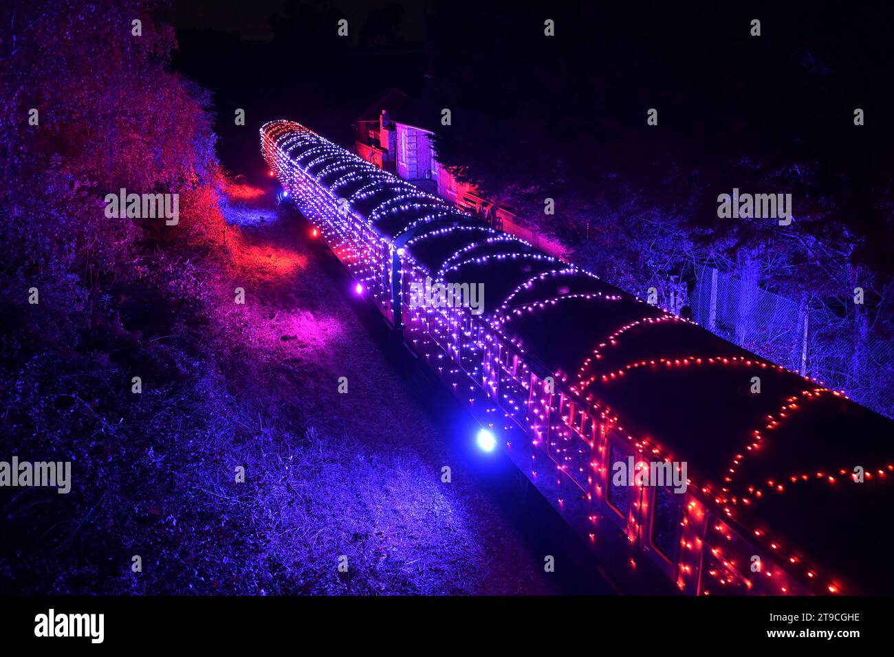 Ongar Essex, Großbritannien. November 2023. Die Epping Ongar Heritage Railway bringt ihren Winter Light Fantastic Zug in die Welt. Der Zug bringt die Passagiere zwischen dem Bahnhof Ongar in Richtung Epping mit einer spektakulären Lichtshow, die die Landschaft mit Hunderten von bunten Lichtern und beleuchteten Streckenabschnitten beleuchtet. Quelle: MARTIN DALTON/Alamy Live News Stockfoto