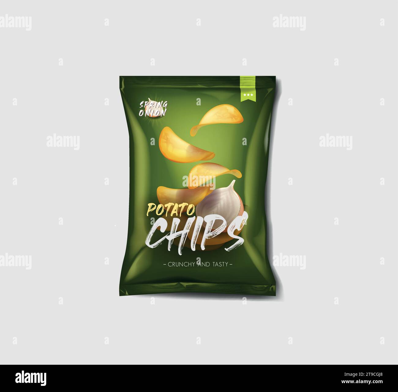 Werbebeutel mit realistischen Kartoffelchips, Zwiebelgeschmack. Stock Vektor