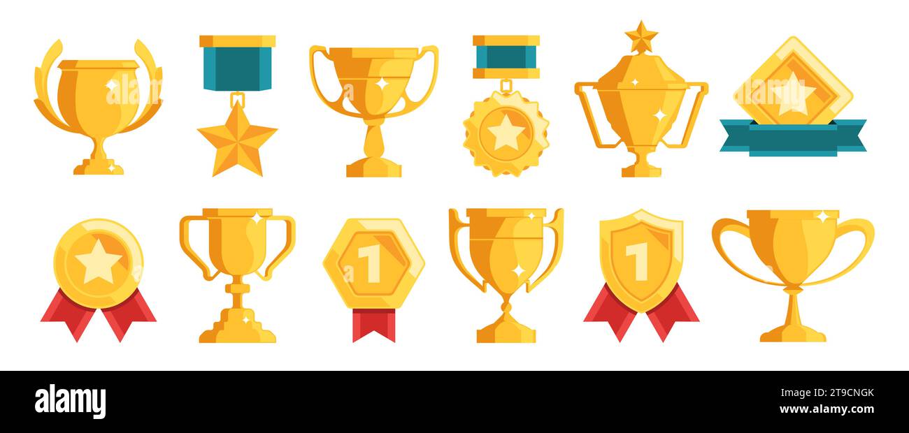 Goldene Trophäe und Auszeichnungen. Flaches Design, Trophäenbecher und Medaillenbänder für das Konzept der Preisverleihung. Vektorsatz der Illustration des Wettbewerbs „Achievement Award“ Stock Vektor