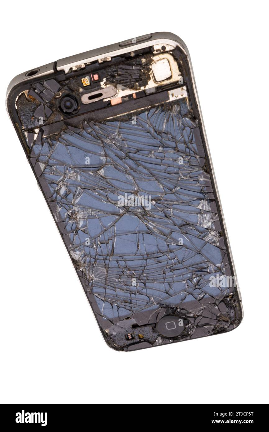 Zertrümmert und zerstört iphone Apple Mobiltelefon / Smart Device Telefon / Telefon mit einem kaputten und gerissenen Bildschirm. (136) Stockfoto