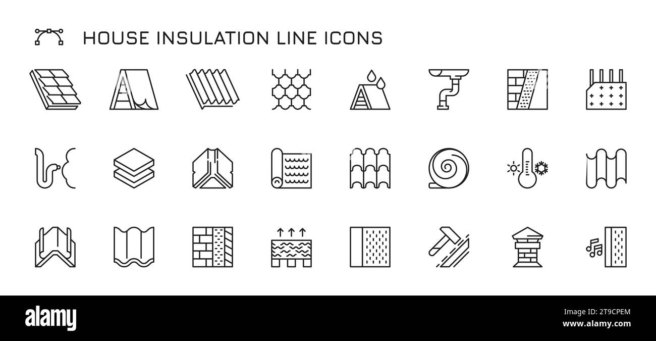 Symbole für die Isolierleitung des Hauses. Warme Dämmmaterialien für Wände und Decken, Hausrenovierung und Bauarbeiten. Vektorflacher Satz von Dach Steinwolle und thermische Symbol Illustration Stock Vektor