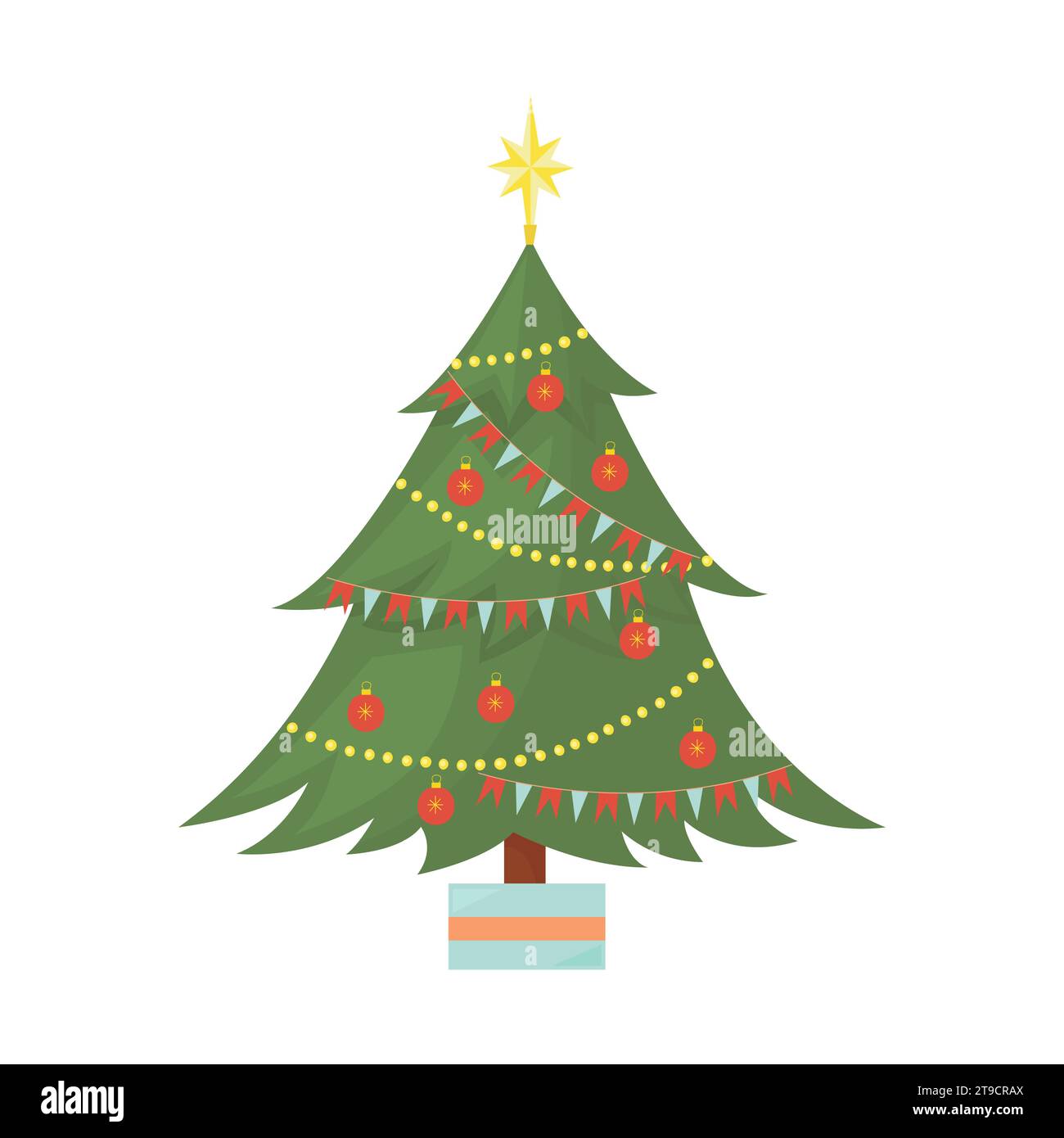 Süßer Weihnachtsbaum, dekoriert mit Spielzeug und Girlanden. Isolierte Illustration auf weißem Hintergrund im flachen Stil des Vektorcartoons Stock Vektor