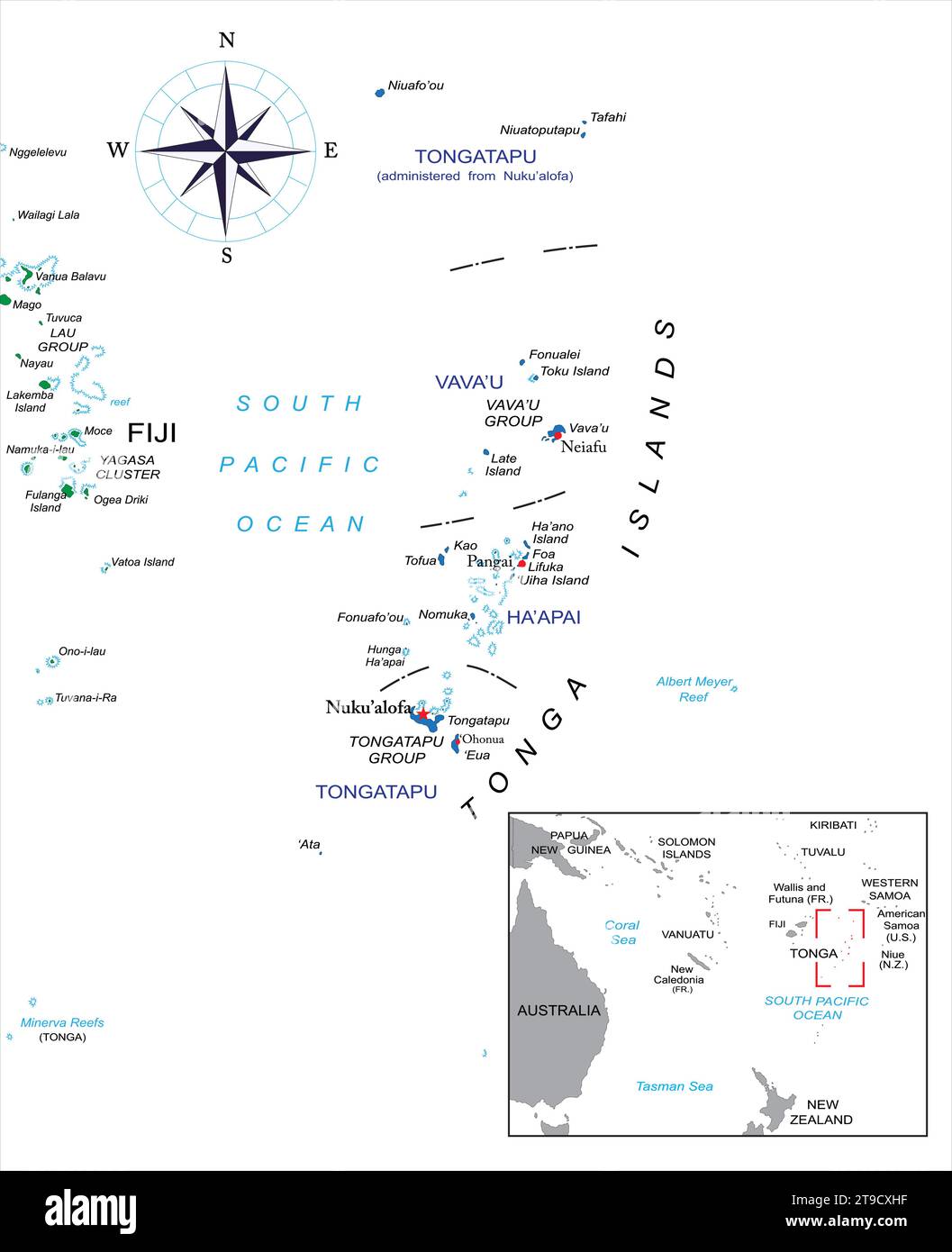 Sehr detaillierte politische Vektorkarte von Tonga mit Verwaltungsregionen und Hauptstädten. Stock Vektor