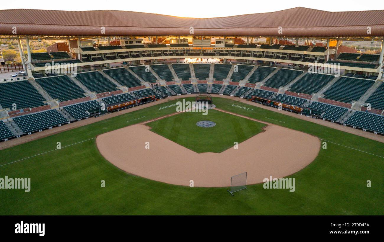 Allgemeine Ansicht des Fernando Valenzuela Stadions, früher Estadio Sonora genannt, Heimstadion des Baseballclubs Naranjeros de Hermosillo der mexikanischen Pazifikliga (LMP). Luftaufnahme, . © (© Foto von Luis Gutierrez/Norte Photo/) Vista General de estadio Fernando Valenzuela antes llamado Estadio Sonora casa del Club de beisbol Naranjeros de Hermosillo de la Liga Mexicana del Pacifico LMP. Vista Aerea , . © (© Foto von Luis Gutierrez/Norte Photo/) Stockfoto