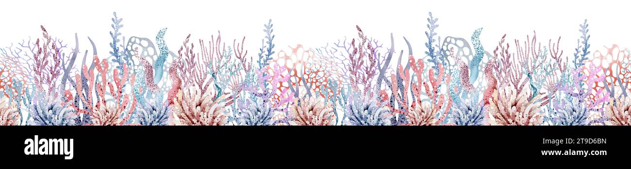 Unterwassergrenze. Aquarellkorallen und Muscheln auf isoliertem Hintergrund für Banner. Flora der Meereswelt. Stockfoto