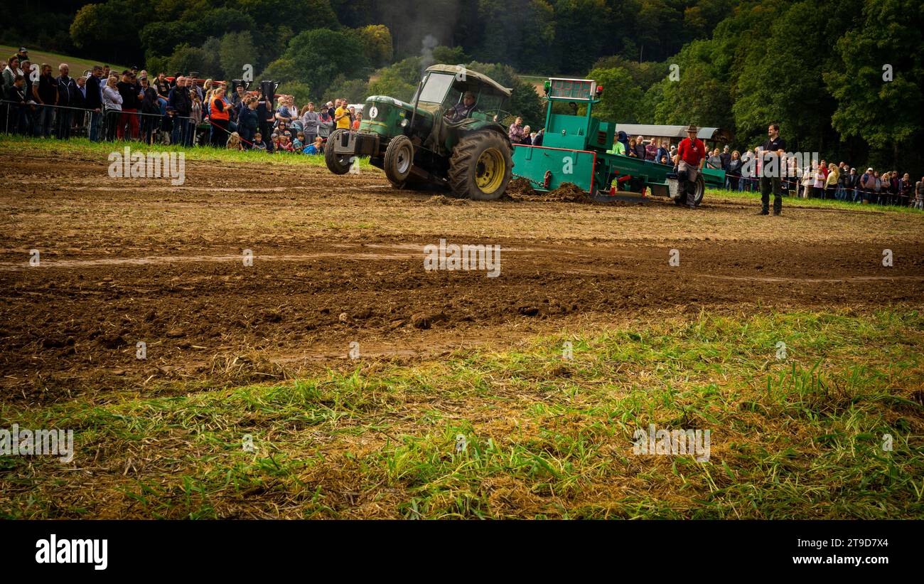Zuschauer treffen sich zum Vintage Tractor Showdown: Rustikaler Charme trifft auf Stärke im Grassland Pulling Contest Stockfoto