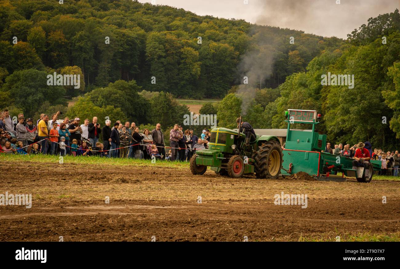 Zuschauer treffen sich zum Vintage Tractor Showdown: Rustikaler Charme trifft auf Stärke im Grassland Pulling Contest Stockfoto