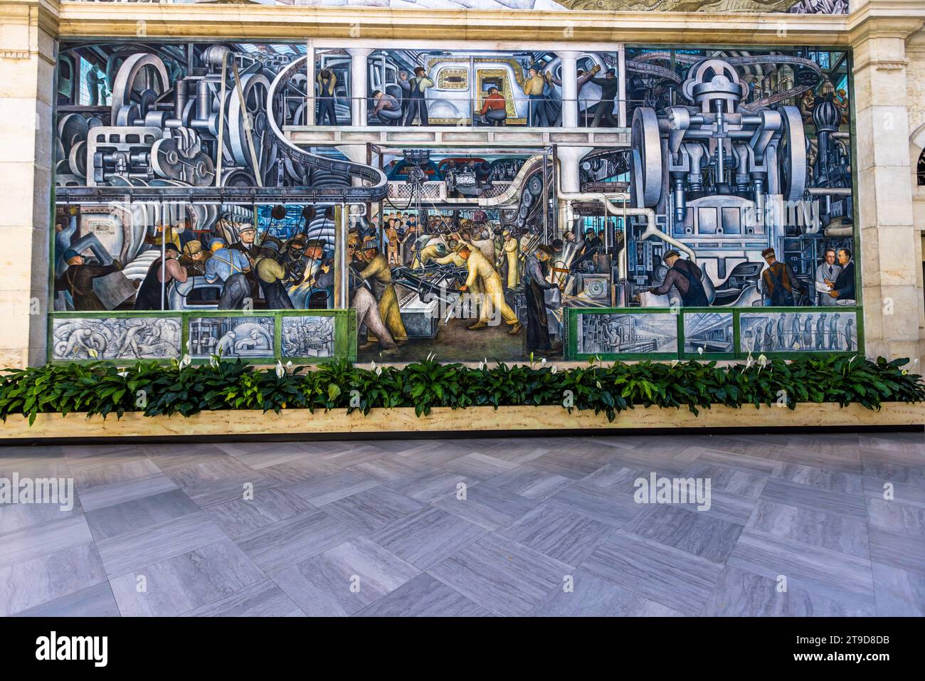 Detroit Industry Wandgemälde von Diego Rivera umgeben den Rivera Court am Detroit Institute of Arts. Sie entstanden zwischen 1932 und 1933 und wurden von Rivera als sein erfolgreichstes Werk angesehen. Der Zyklus konzentriert sich auf die Beziehung zwischen Mensch und Maschine. Detroit Industry Wandbilder im Rivera Court des Detroit Institute of Arts. Der mexikanische Künstler Diego Rivera hat seine Eindrücke von der Industrialisierung der Automobilindustrie auf großen Wandmalereien zwischen 1932 und 1933 festgehalten. Detroit, Usa Stockfoto