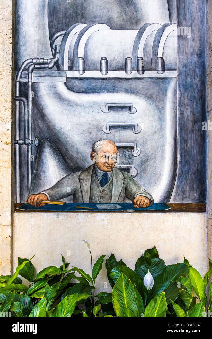 Detroit Industry Wandbilder im Rivera Court des Detroit Institute of Arts. Der mexikanische Künstler Diego Rivera hat seine Eindrücke von der Industrialisierung der Automobilindustrie auf großen Wandmalereien zwischen 1932 und 1933 festgehalten. Detroit, Usa Stockfoto