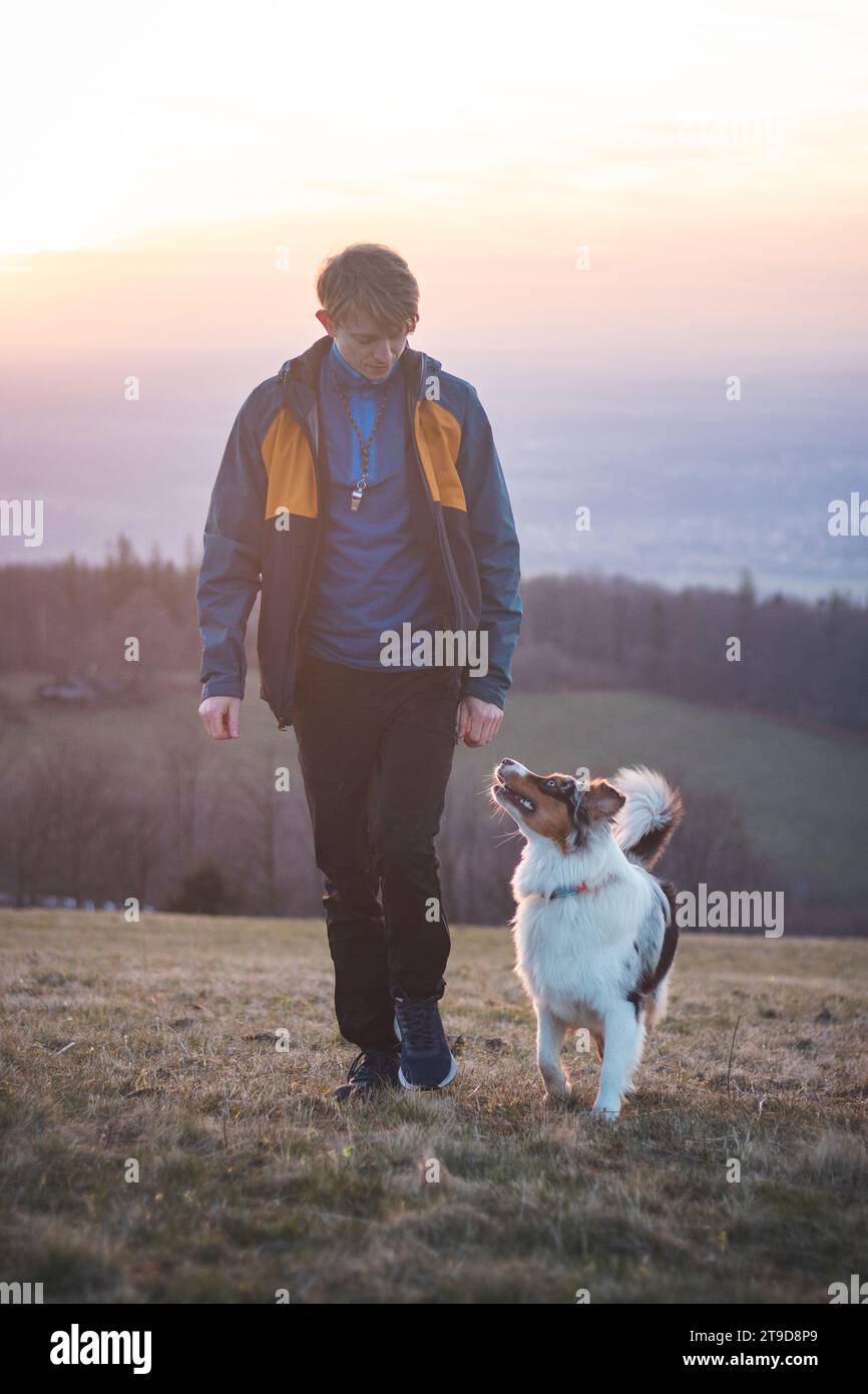 Ein junger Kynologe trainiert einen vierbeinigen australischen Schäferhund in Grundbefehlen mit Leckerli. Die Liebe zwischen Hund und Mensch. Stockfoto