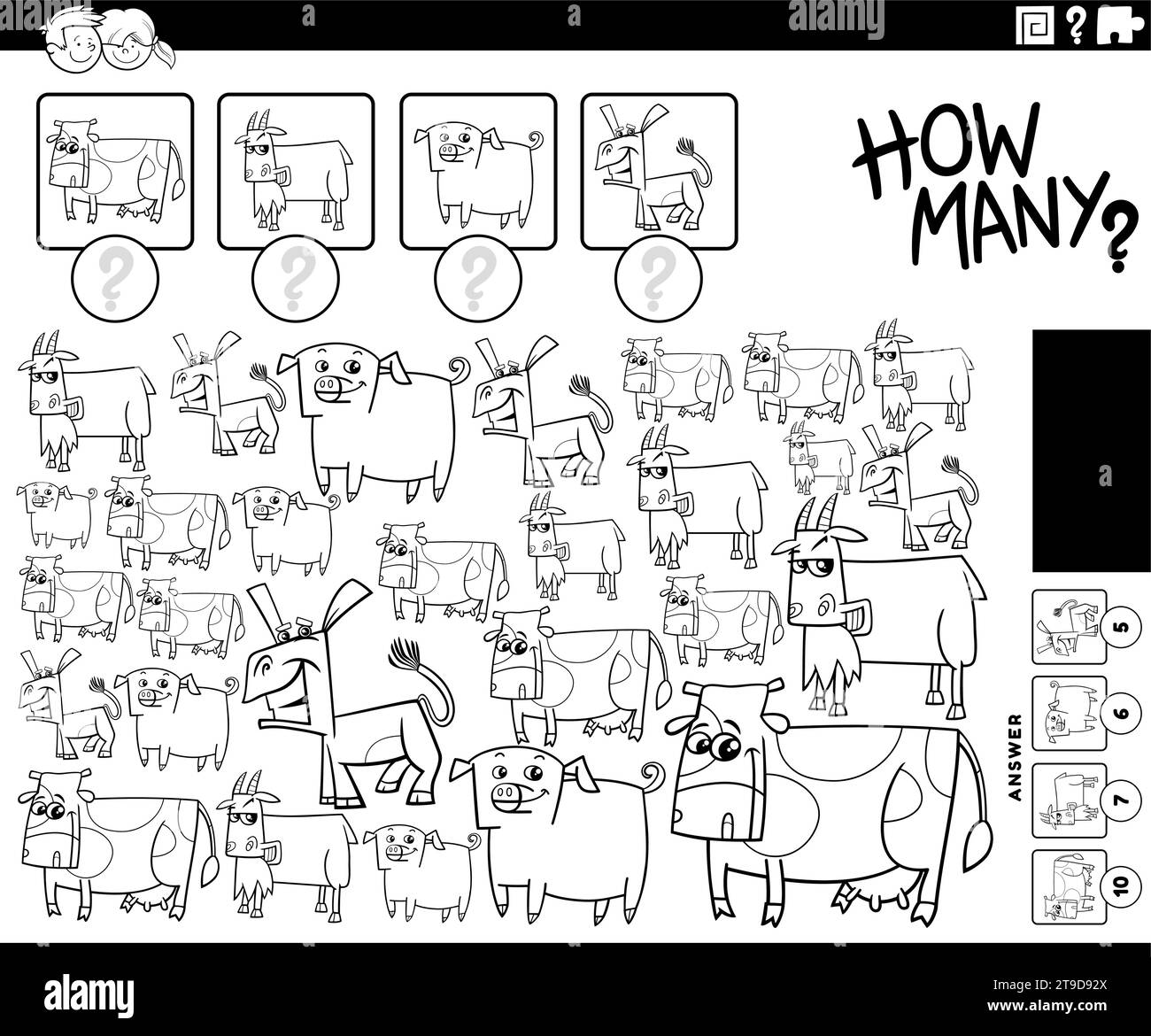 Schwarz-weiß-Illustration der pädagogischen Zählaktivität mit Zeichentrickfarmen-Tierfiguren-Malseite Stock Vektor