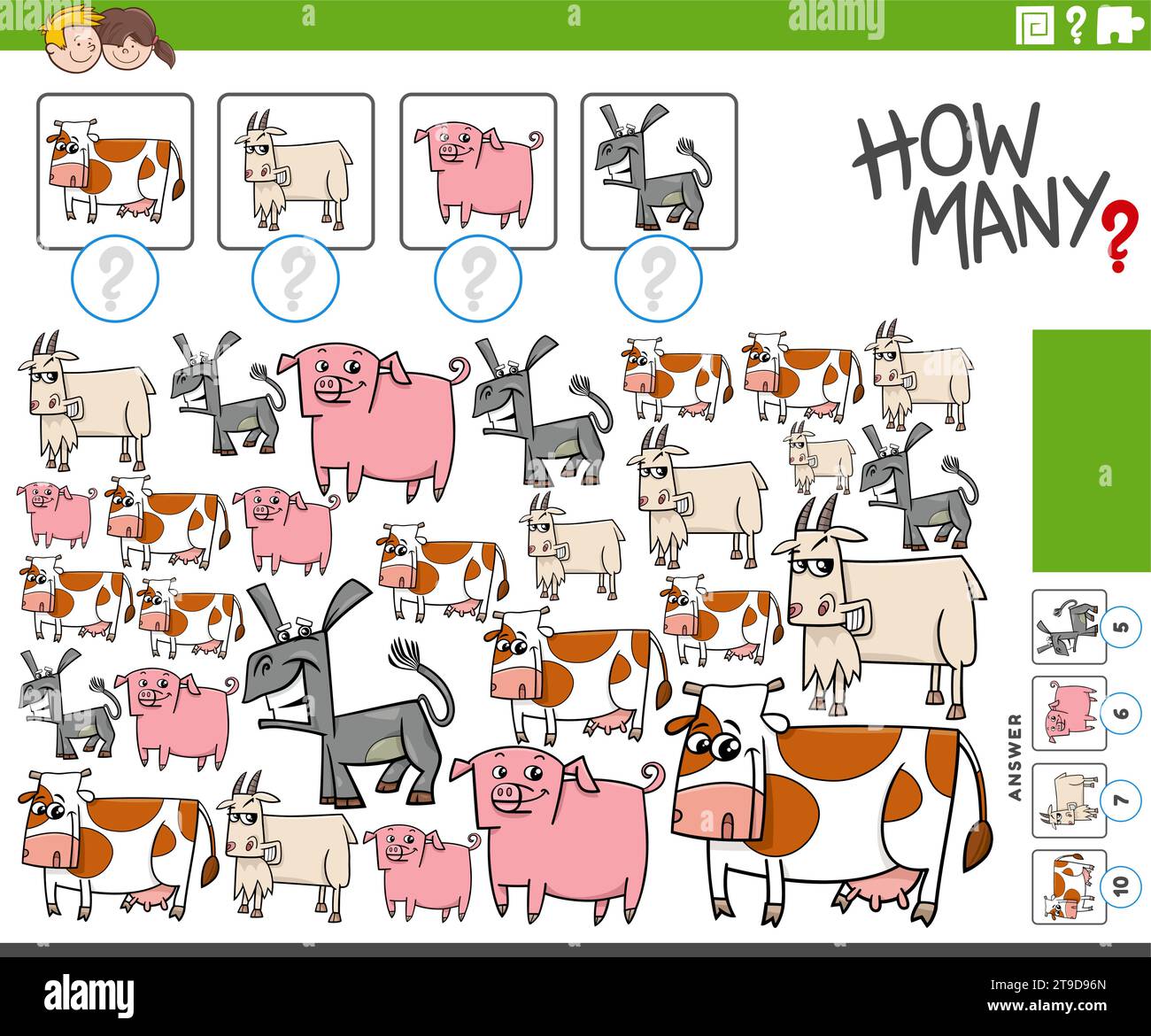 Cartoon-Illustration pädagogischer Zähltätigkeit mit Comic-Farmtierfiguren Stock Vektor