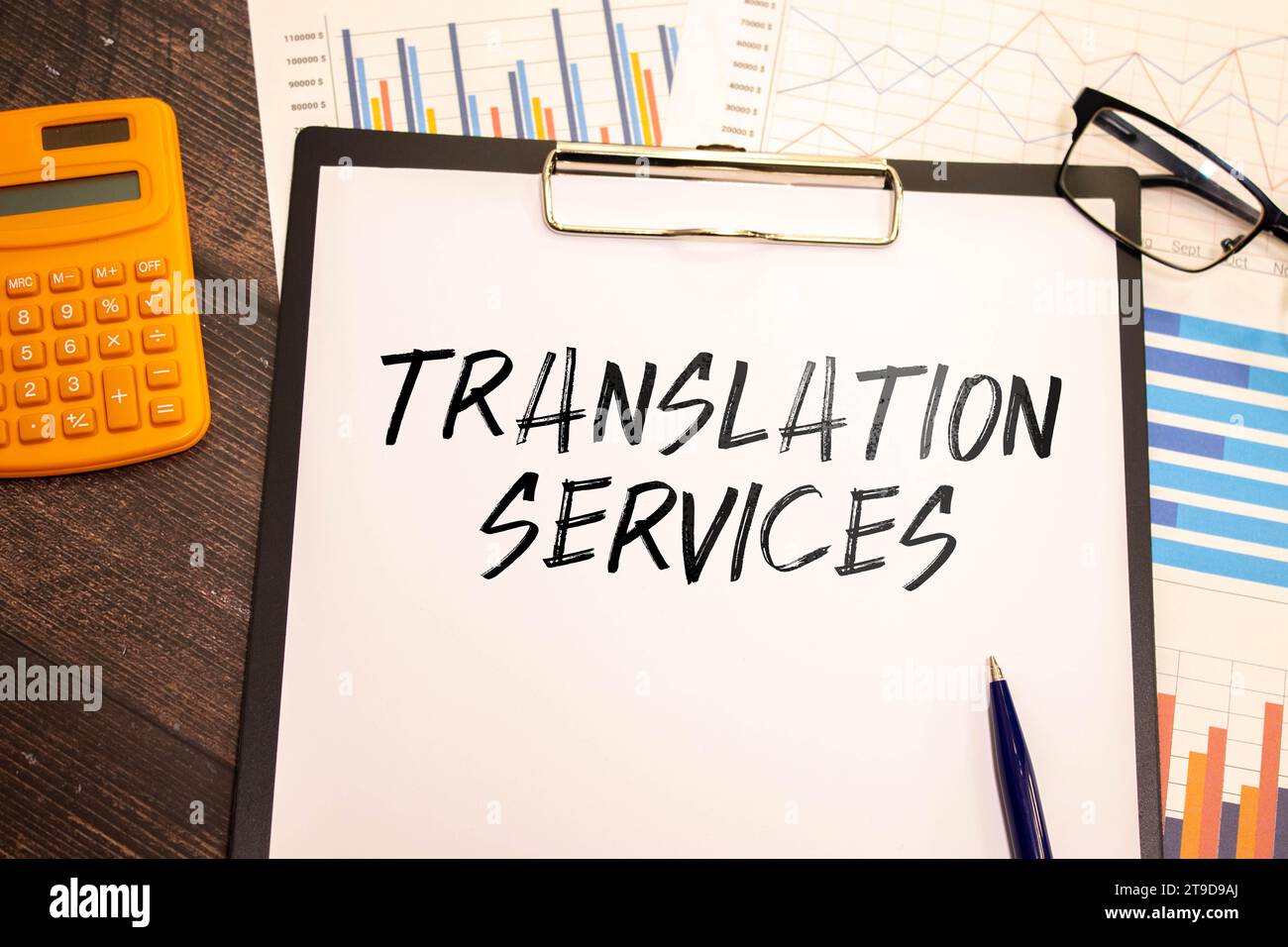 Auf einem Holztisch befinden sich Berichte, eine Topfpflanze, eine Lupe, ein schwarzer Stift und ein Notizbuch mit den ÜBERSETZUNGSDIENSTEN. Geschäftsbetrieb Stockfoto