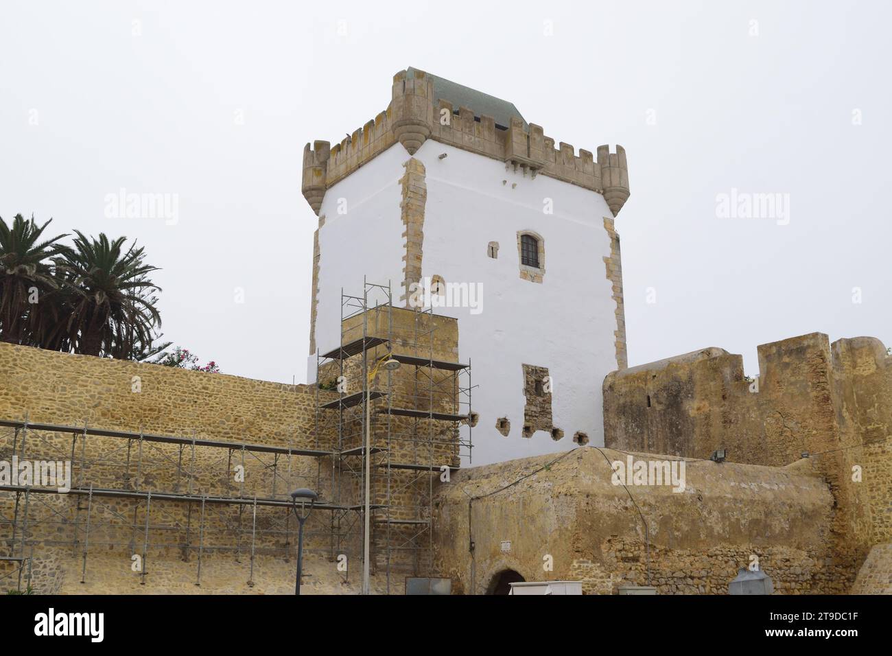 Nicht bearbeitetes Foto zeigt Gerüste für die Erneuerung und Renovierung von alten historischen Gebäuden Burgturmmauern Stockfoto