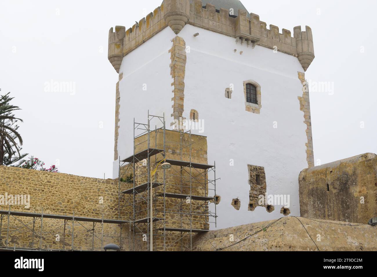 Nicht bearbeitetes Foto zeigt Gerüste für die Erneuerung und Renovierung von alten historischen Gebäuden Burgturmmauern Stockfoto