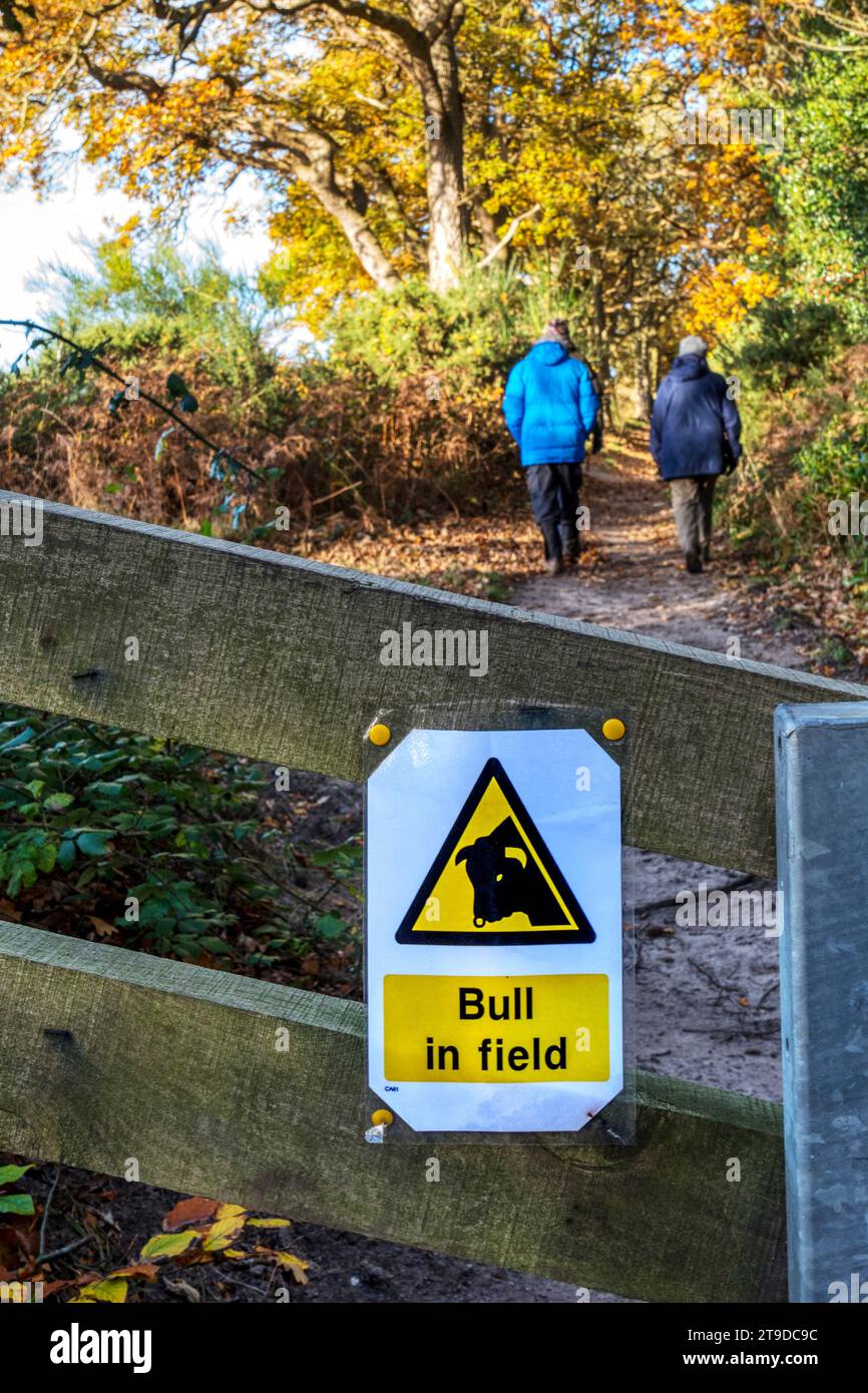 Bulle in Field Schild mit Leuten, die auf dem Landwanderweg in Ken Hill, Norfolk, laufen. Stockfoto